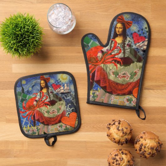 Mona Lisa Fun Zodiac Whimsical Ofenhandschuh & Topflappen-Set (Oben Unten)