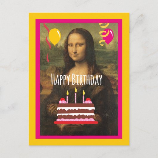 Mona Lisa Geburtstag mit Kuchen und Ballons Postkarte (Vorderseite)