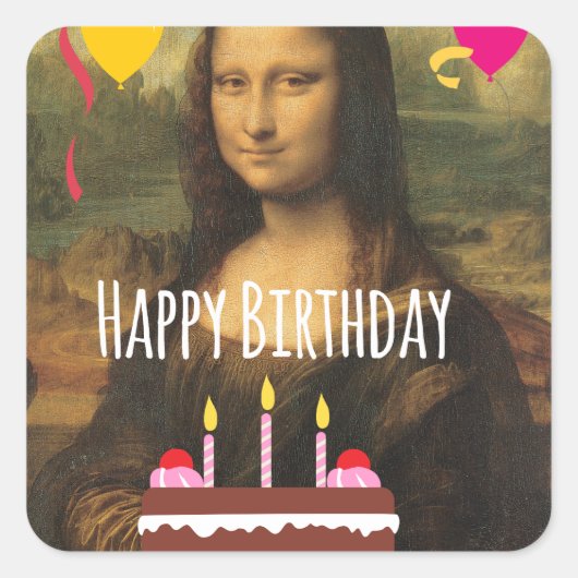 Mona Lisa Geburtstag mit Kuchen und Ballons Quadratischer Aufkleber (Vorderseite)