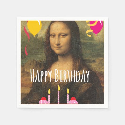 Mona Lisa Geburtstag mit Kuchen und Ballons Serviette (Vorderseite)