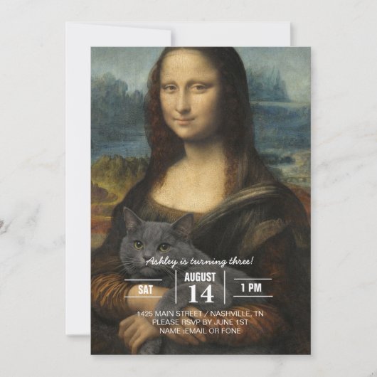 Mona Lisa hält elegante graue Katze Einladung (Vorderseite)