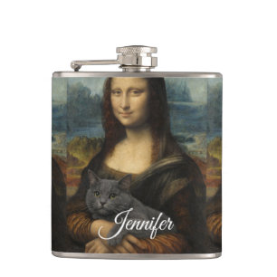 Mona Lisa hält elegante graue Katze                Flachmann