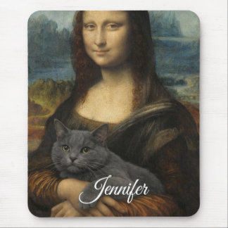 Mona Lisa hält elegante graue Katze                Mousepad