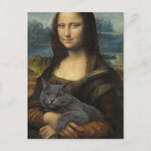 Mona Lisa hält elegante graue Katze                Postkarte
