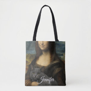 Mona Lisa hält elegante graue Katze Tasche