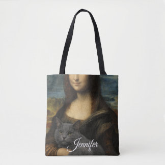 Mona Lisa hält elegante graue Katze                Tasche