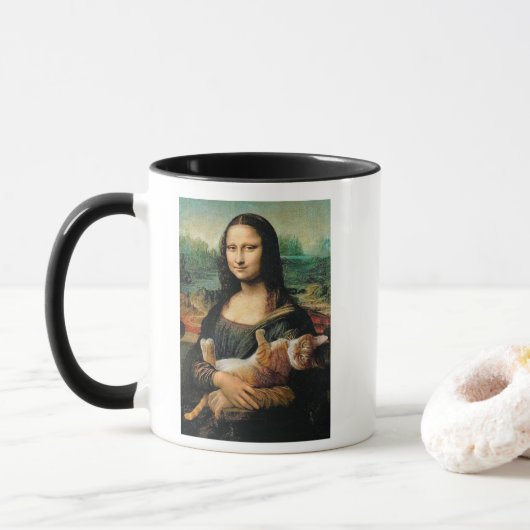 Mona Lisa hält ihre Katze Katzenliebhaber Tasse (Mit Donut)