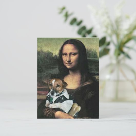 Mona Lisa hält ihren Hund und Knochen fest Postkarte (Stehend Vorderseite)