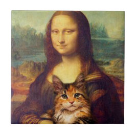 Mona Lisa hält ihren Katzenkatzen Leonardo da Vinc Fliese
