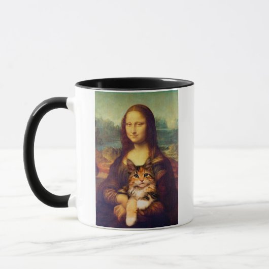 Mona Lisa hält ihren Katzenkatzen Leonardo da Vinc Tasse (Links)