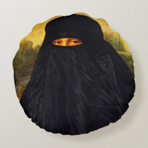 Mona Lisa Hidden Behind Burqa Rundes Kissen