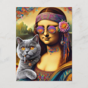 Mona Lisa Hippie Smoking Gray Cat Postkarte