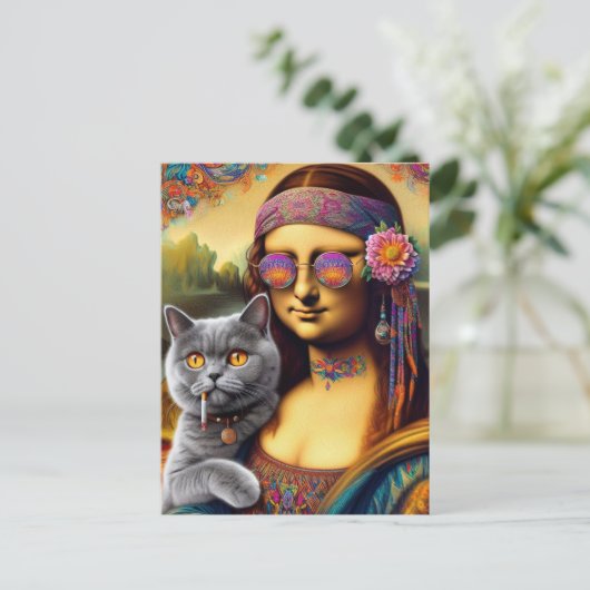 Mona Lisa Hippie Smoking Gray Cat Postkarte (Stehend Vorderseite)