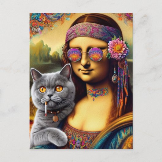 Mona Lisa Hippie Smoking Gray Cat Postkarte (Vorderseite)