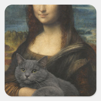 Mona Lisa Holding Elegant Gray Cat                 Quadratischer Aufkleber