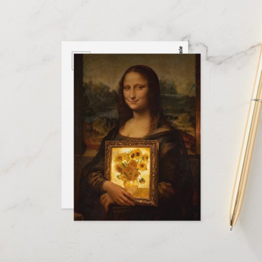 Mona Lisa Holds a Van Gogh Postkarte (Vorderseite/Rückseite Beispiel)