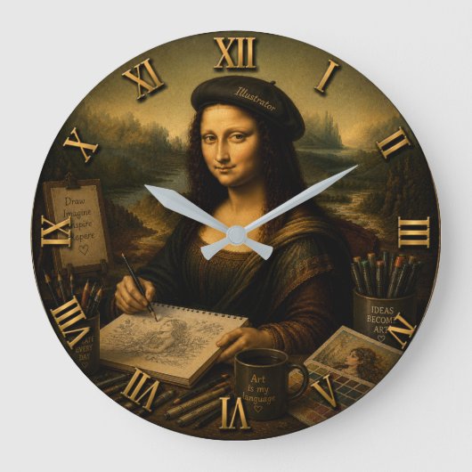 Mona Lisa Illustrator Funny Artist Studio Große Wanduhr (Vorderseite)