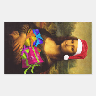 Mona Lisa kommt als Weihnachtsmann Rechteckiger Aufkleber