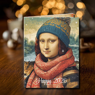 Mona Lisa mit Beanie - Frohes 2026 Karte