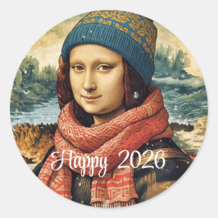Mona Lisa mit Beanie - Frohes 2026 Runder Aufkleber