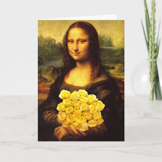 Mona Lisa mit Bouquet aus gelben Rosen Karte (Vorderseite)