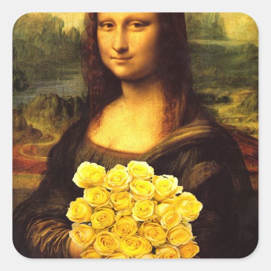 Mona Lisa mit Bouquet aus gelben Rosen Quadratischer Aufkleber (Vorderseite)