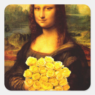 Mona Lisa mit Bouquet aus gelben Rosen Quadratischer Aufkleber
