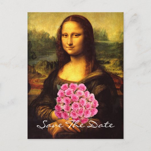 Mona Lisa mit Bouquet aus rosa Rosen Ankündigungspostkarte (Vorderseite)