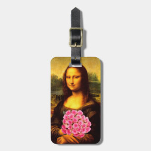 Mona Lisa mit Bouquet aus rosa Rosen Gepäckanhänger