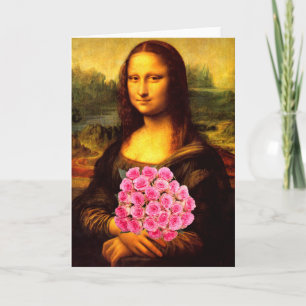 Mona Lisa mit Bouquet aus rosa Rosen Karte