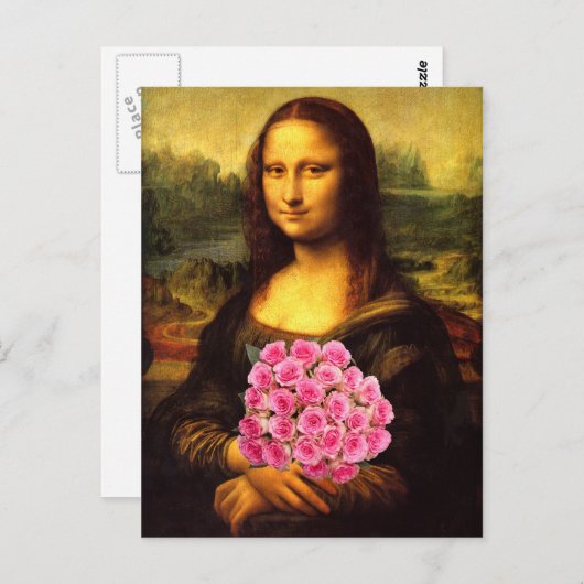 Mona Lisa mit Bouquet aus rosa Rosen Postkarte (Vorne/Hinten)