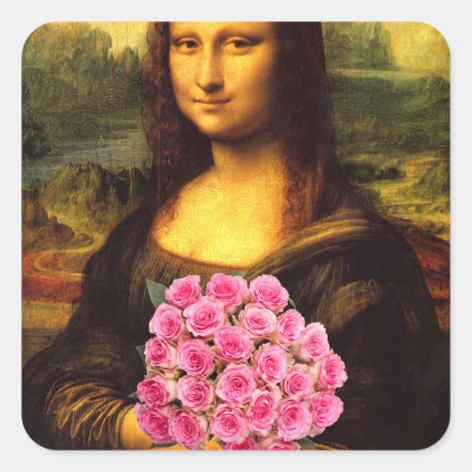 Mona Lisa mit Bouquet aus rosa Rosen Quadratischer Aufkleber (Vorderseite)