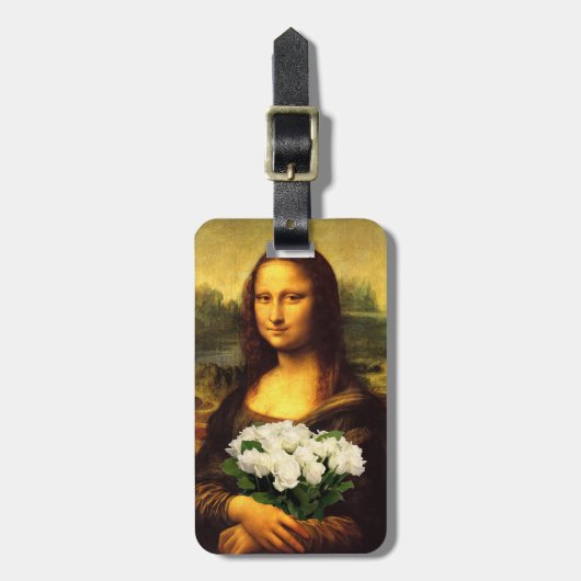 Mona Lisa mit Bouquet aus weißen Rosen Gepäckanhänger (Vorderseite vertikal)