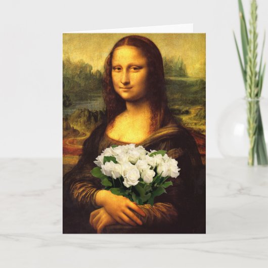 Mona Lisa mit Bouquet aus weißen Rosen Karte (Vorderseite)