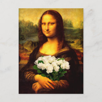 Mona Lisa mit Bouquet aus weißen Rosen Postkarte