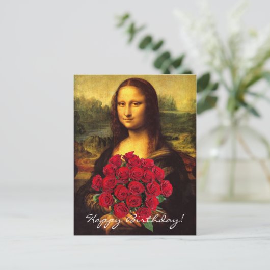 Mona Lisa mit Bouquet von Rote Rosen Postkarte (Stehend Vorderseite)