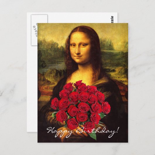 Mona Lisa mit Bouquet von Rote Rosen Postkarte (Vorne/Hinten)