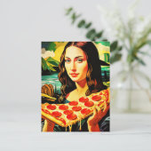 Mona Lisa mit einem großen Stück Pizza Postkarte (Stehend Vorderseite)