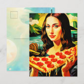 Mona Lisa mit einem großen Stück Pizza Postkarte (Vorne/Hinten)