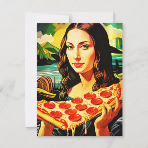 Mona Lisa mit einem großen Stück Pizza Postkarte