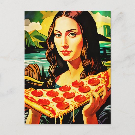 Mona Lisa mit einem großen Stück Pizza Postkarte (Vorderseite)