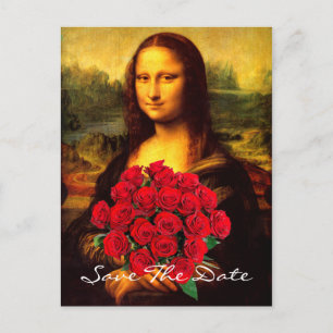 Mona Lisa mit einem Strauß roter Rosen Ankündigungspostkarte