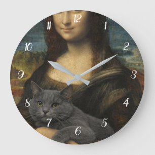 Mona Lisa mit eleganter grauer Katze               Große Wanduhr