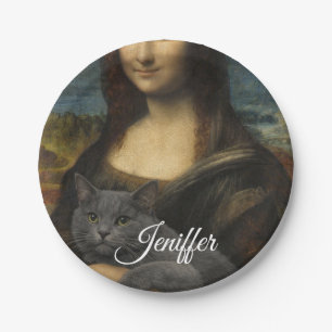 Mona Lisa mit eleganter grauer Katze               Pappteller