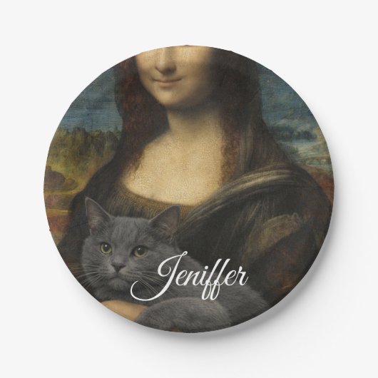 Mona Lisa mit eleganter grauer Katze Pappteller (Vorderseite)