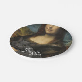 Mona Lisa mit eleganter grauer Katze Pappteller (Schrägansicht)