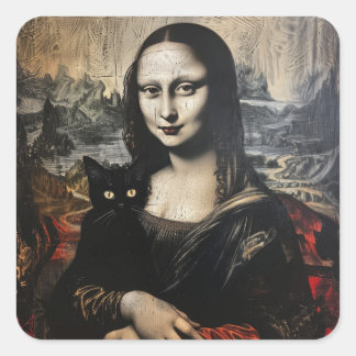Mona Lisa mit Katze Quadratischer Aufkleber