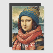 Mona Lisa mit Mütze - Frohes 2026 Magnetkarte (Vorne/Hinten)