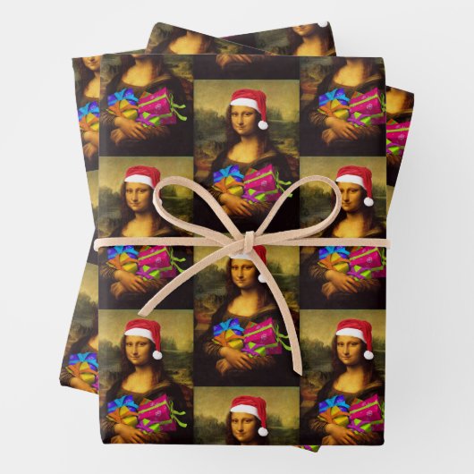Mona Lisa mit Santa Claus Cap Geschenkpapier Set (Beispiel)