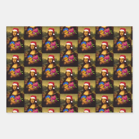 Mona Lisa mit Santa Claus Cap Geschenkpapier Set (Vorderseite)